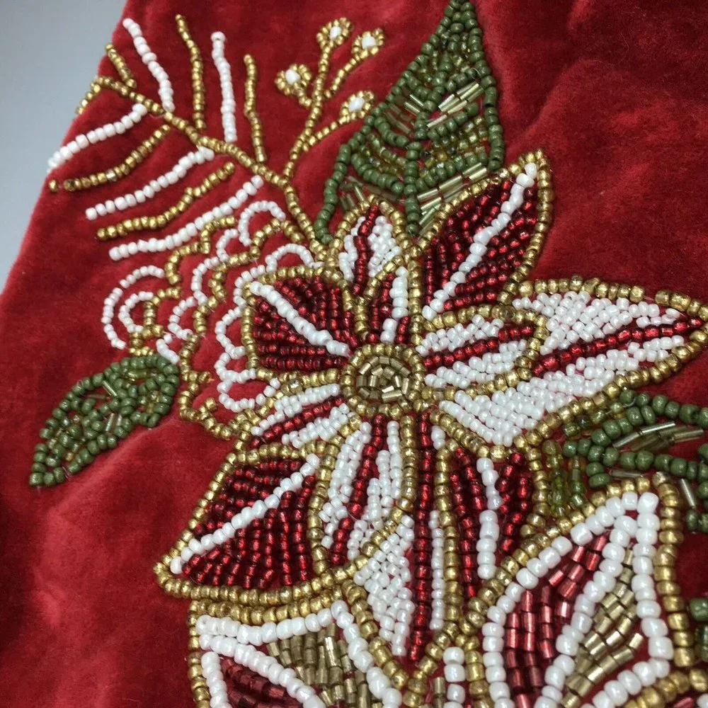 Max Studio Tabletop Mini Red Velvet Beaded Poinsettia Christmas Tree Skirt 22”